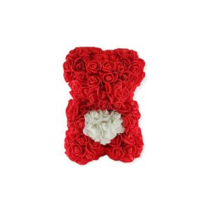 Αρκουδάκι Από Τεχνητά Τριαντάφυλλα Σε Κουτί 25cm σε Κόκκινο-Λευκό