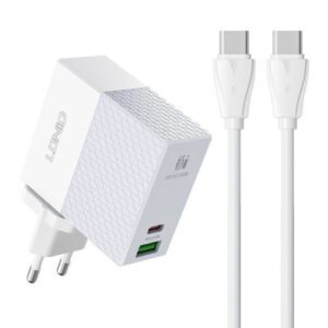 Ldnio Charger with USB-A Port and USB-C Port and Cable USB-C 65W Power Delivery / Quick Charge 3.0 Whites (A2620C)