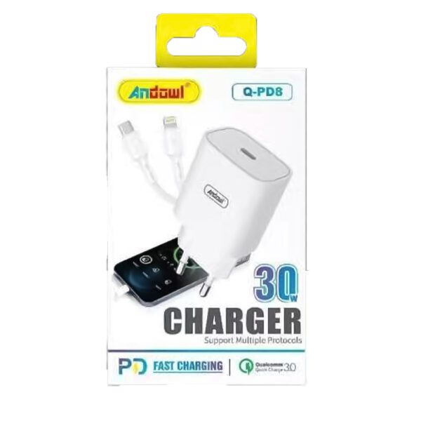 Andowl Φορτιστής 30W με Καλώδιο Type-C σε Lightning σε Λευκό Χρώμα Q-PD8