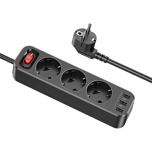 Hoco NS2 Aura Πολύπριζο 3 Θέσεων με Διακόπτη, 3 USB και Καλώδιο 1.8m Μαύρο