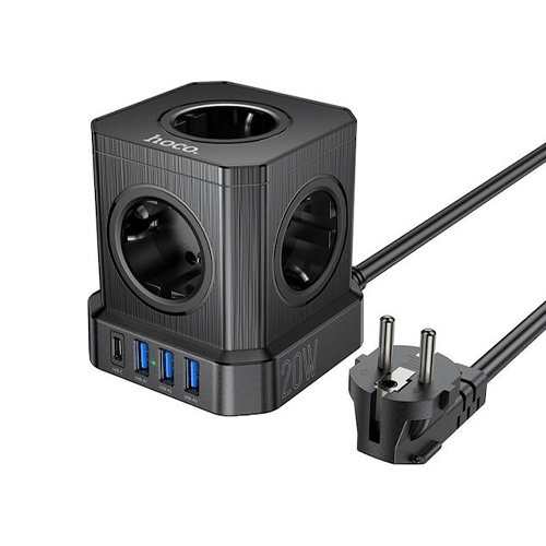 Hoco PowerCube 5 Θέσεων με USB-C και Καλώδιο 2m Μαύρο