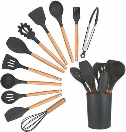 Σετ Εργαλείων Μαγειρικής από Σιλικόνη 12τμχ Μαύρο (KUS-1709)