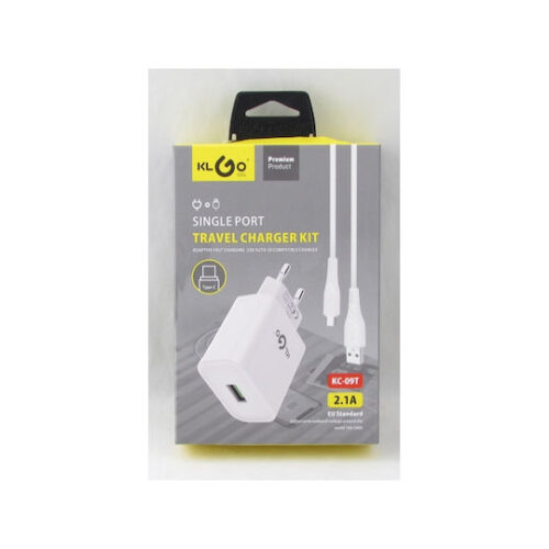 KLGO Φορτιστής με Θύρα USB-A και Καλώδιο USB-C Λευκός (KC-09T)