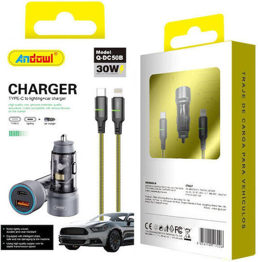 Andowl Q-DC50B Φορτιστής Αυτοκινήτου 30W με Θύρες: 1xUSB 1xType-C μαζί με Καλώδιο Type-C Q-DC50B